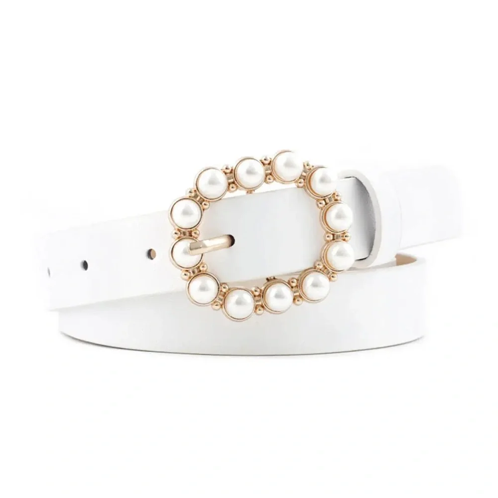 Elegant Tan Faux Leather Belt with Pearl-Embellished Oval Buckle